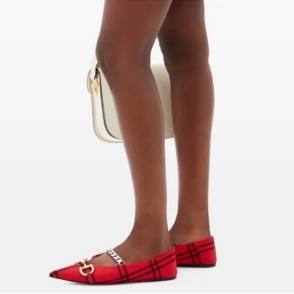 NWT GUCCI Archive Wool Check Pointed Toe Ballet Flats Shoes Red/Black SZ 35 - Picture 5 of 16